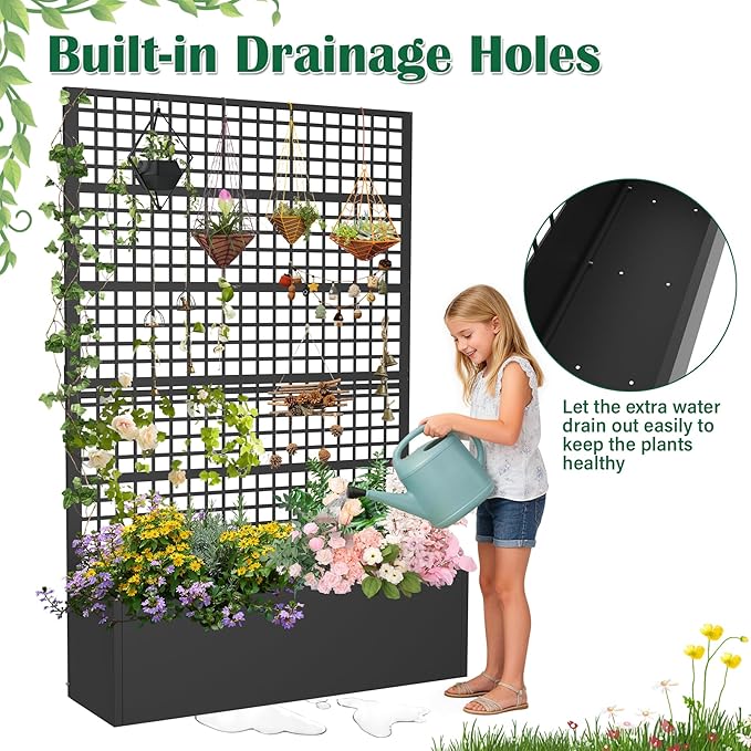 Metal Planter Box with Trellis 47" L x 16" W x 72" H, Raised Garden Bed with Privacy Screen, Privacy Planters for Climbing Plants, Flowers, Vegetables, Fruits