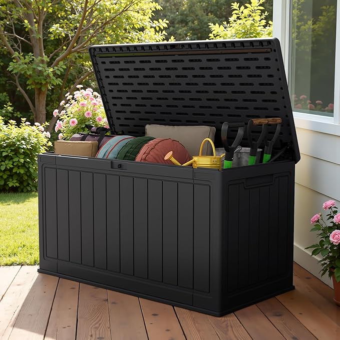 Devoko 160 Gallon Double-Wall Deck Box with Divider, Side Handles, HDPE Outdoor Large Storage Box Waterproof and Lockable for Patio Furniture, Garden, Pool (Black, 160 Gallon)