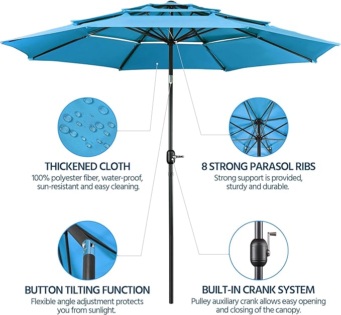 Yaheetech 3-Tier Patio Parasol 10ft Vented Outdoor Canopy Sun Shade Large Market Table Umbrella Double-layer Cloth & Push-button Tilting for Yard/Garden/Park Sky Blue