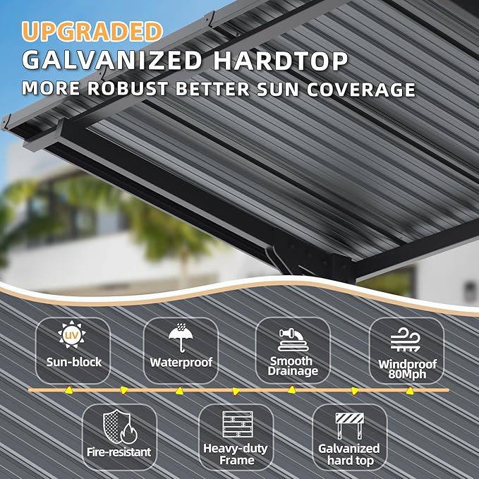 AECOJOY 16'x10' Outdoor Hardtop Gazebo Pergola with Curtains and Netting for Patio, 10x16 Large Steel Heavy Duty Lean to Wall-Mounted Pergolas and Grill Gazebos Clearance, Metal Roof Awnings for Decks