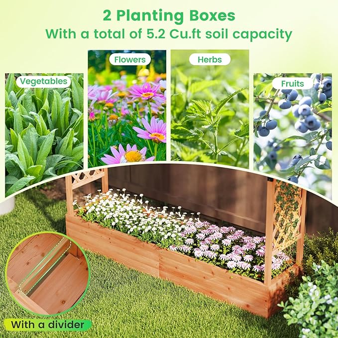 Giantex Raised Garden Bed with Trellis & Hanging Roof, Wood Planter Box with Bottom and Drainage Holes, Freestanding Garden Planter for Flower Vegetable Fruit Herb Climbing Vines, 77"x17"x72"