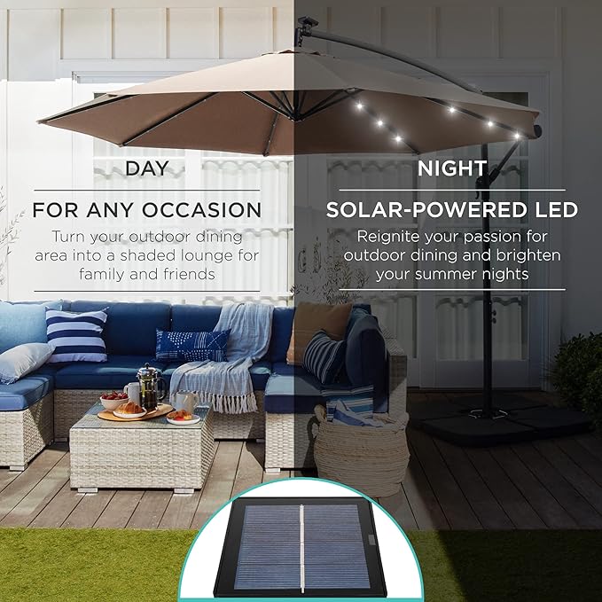 Best Choice Products 10ft Solar LED Offset Cantilever Hanging Market Patio Umbrella, 8 Sturdy Ribs, Easy Adjustment - Tan