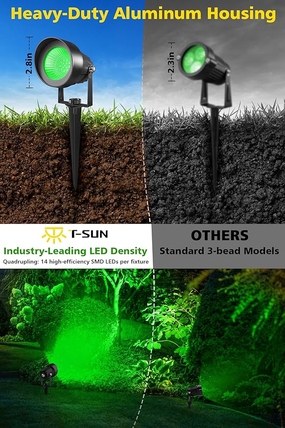 T-SUN Green Spotlight Outdoor, Waterproof LED Landscape Lighting with US Plug, Easy Install 270° Adjustable Outdoor Spot Lights for Garden Tree Yard Decor