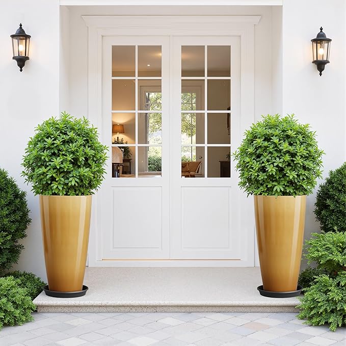 QCQHDU 21 inch Tall Planters for Outdoor & Indoor Plants, 2 Pack Sturdy Plant-Flower-Tree Pots for Front Porch Patio Deck Living Room Decor, Golden