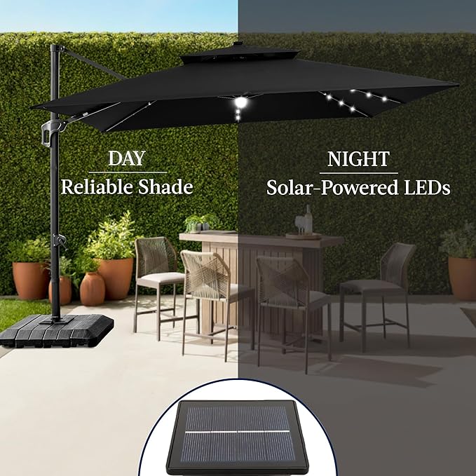 Best Choice Products 9x12ft LED Cantilever Patio Umbrella w/Base Included & 360° Rotation, Large Solar Offset Hanging Outdoor Sun Shade for Deck, Backyard Table w/Stand & Lights – Black