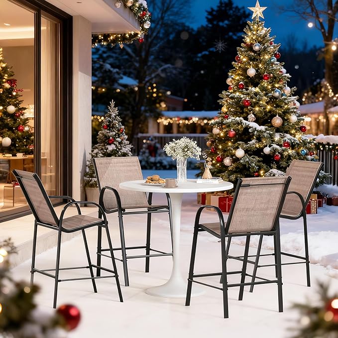 HOMREST Outdoor Bar Height Stools Set of 4,High Back Patio Chairs with Armrests,Textilene Chairs with Breathable Fabric & Metal Frame for All Weather,Brown