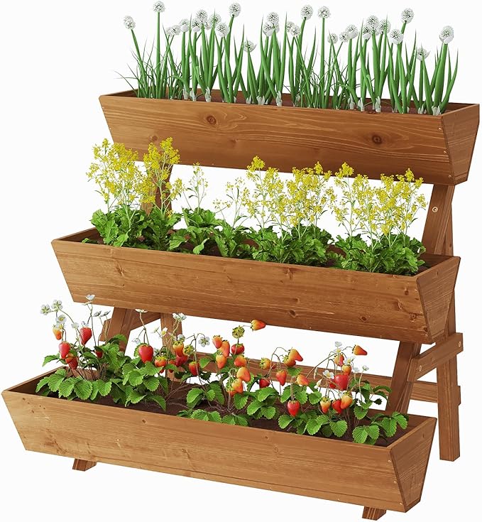 3-Tiers Wooden Raised Garden Bed Tiered Planter Box Flower Pots Vertical Garden Planter Wood Plant Stand for Vegetables Flowers Herbs for Patio, Balcony, Freestanding (Brown L)