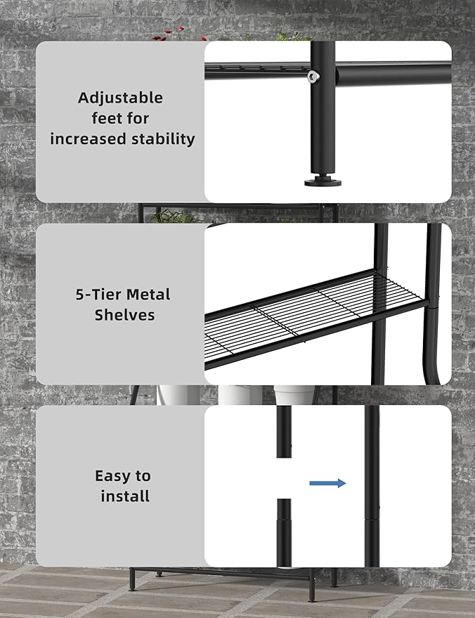 Plant Stand Indoor Outdoor, 5-Tier Metal Tall Plant Stands for Multiple Flower Planter Holder, Large Waterproof Plant Shelf for Living Room Garden Balcony, Black