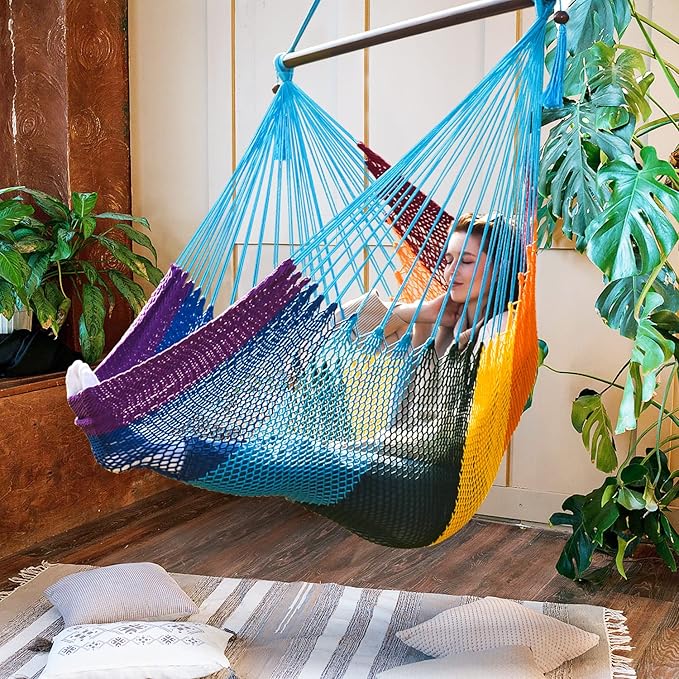 Caribbean Hammock Swing Chair with Spreader Bar, Large Hammock Chair, Hand Craft Rope Hanging Chair Outdoor, Indoor, Bedroom, 330 LBS Weight Capacity, Rainbow