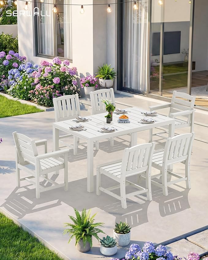 SERWALL Outdoor Expandable Dining Table 60" - 83", Patio Dining Table for 4-10 People, All Weather HDPE and Aluminum Outdoor Furniture for Backyard, Garden, White