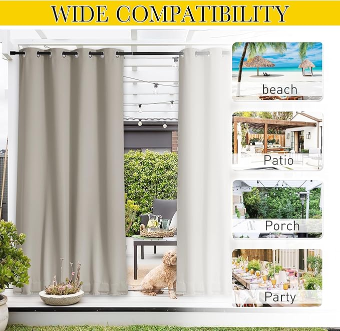 NICETOWN 2 Panels Fixed Outdoor Curtains for Patio Waterproof, Top & Bottom Grommet & Back Tab Windproof Drapes Thermal Insulated Blackout Outdoor Blinds for Porch/Gazebo, W52 x L84, Natural