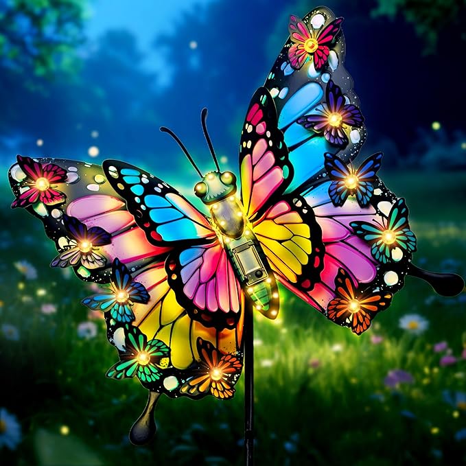 Hexagram Butterfly Garden Decor, Butterfly Solar Lights for Outside, Metal Decorative Large 42.3" Yard Stakes, Solar Outdoor Decorations for Lawn Porch Pathway, Birthday Gardening Gifts for Mom Women
