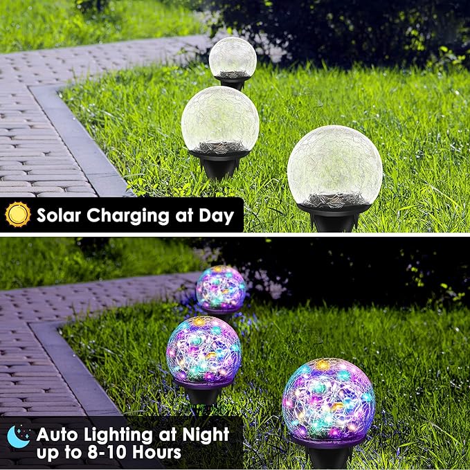 Solar Garden Lights, 4 Pack 120 LED Multicolor Cracked Glass Solar Outdoor Lights Decorative, Upgraded Waterproof Ball Lights for Yard Pathway Patio Lawn Christmas Outside Decor, 3.94
