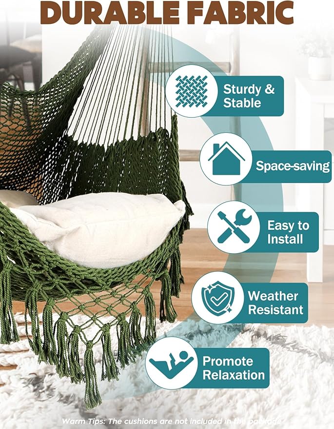 Chihee Hammock Chair Super Large Hanging Chairs Soft-Spun Cotton Rope Woven Chair, Collapsible Strong Metal Spreader Bar Wide Seat Lace Stretch Swing Chairs Indoor Outdoor Garden Yard Theme Decoration