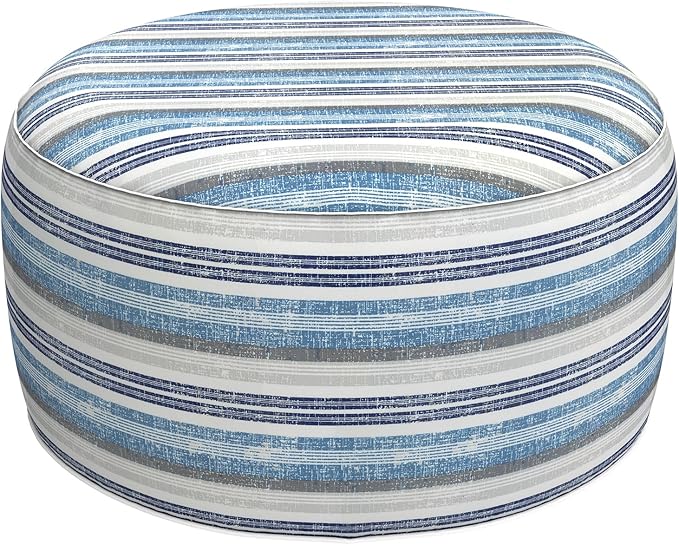 LVTXIII Outdoor Inflatable Ottoman, Fade-Resistant Round Footrest Stool D31”x H14”, Portable Patio Pouf for Garden Camping or Home Use, Stripe Layered Blue