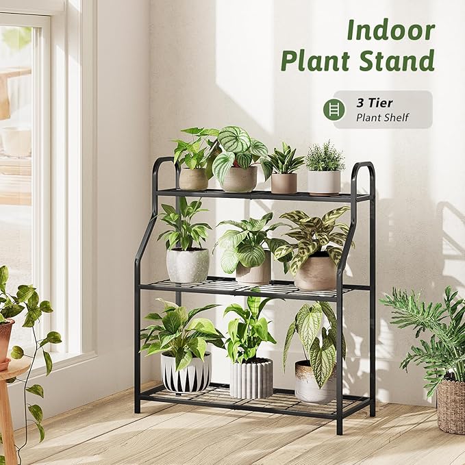 Plant Stand Outdoor 3 Tier Plant Stand Metal Plant Stands Waterproof Plant Holder Rack for Indoor Use Robust Flower Stand Plant Shelf for Living Room Balcony Garden Black