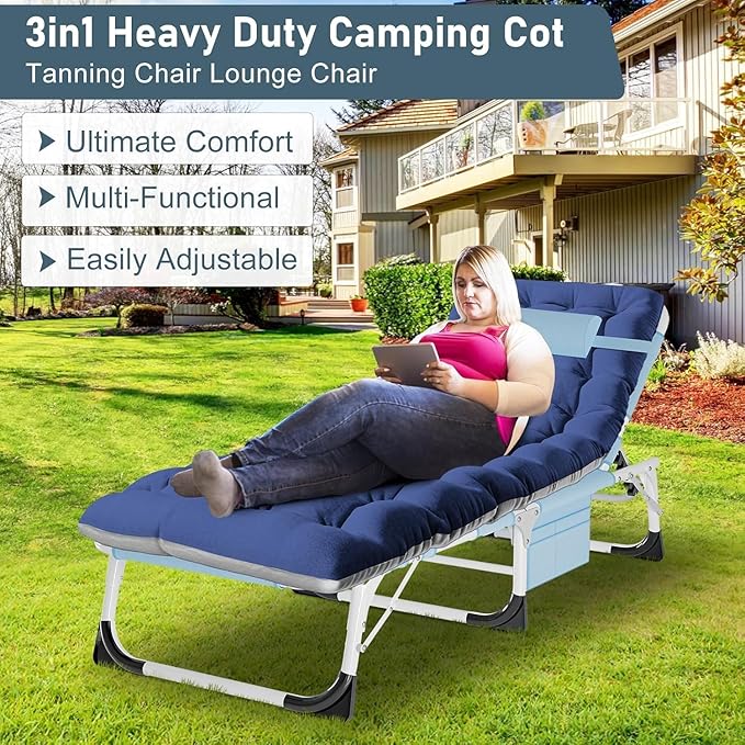 ABORON Oversized Folding Sun Tanning Chair, 3 in 1 Heavy Duty Chaise Lounge Chairs, with Mat/Pillow/Face Arm Holes, Work for Beach Pool/Lawn Yard/Patio