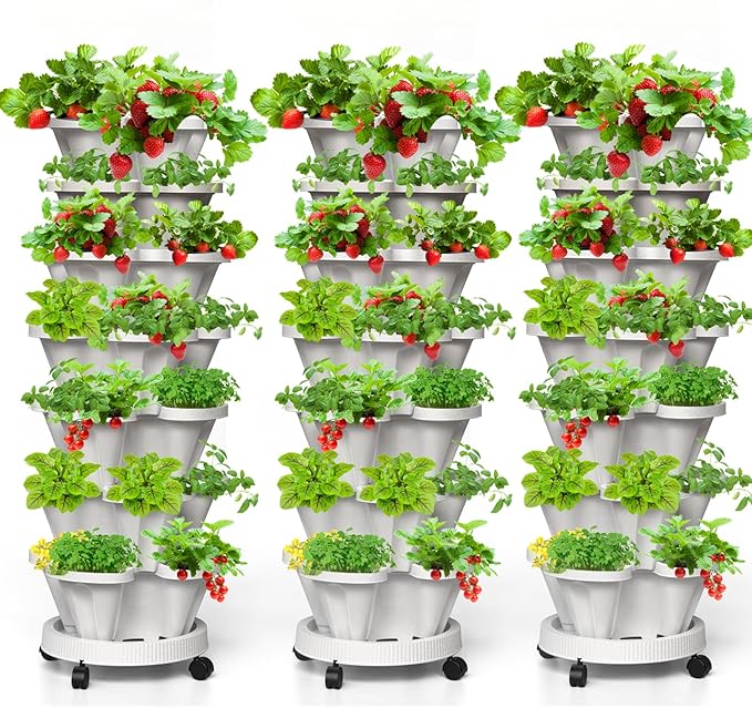 7 Tiered Strawberry Vertical Planter Tower Garden 3 Pack, Stackable Planter Herb Garden Planter with Movable Casters and Bottom Saucer Indoor and Outdoor - White