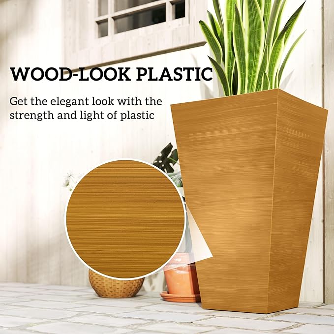 Outsunny Tall Planter for Outdoor Plants Set of 3, 28 Inch Taper Planter with Drainage Holes, Wood Grain Decor Garden Pot for Indoor Outdoor Porch Patio Backyard, Light Brown
