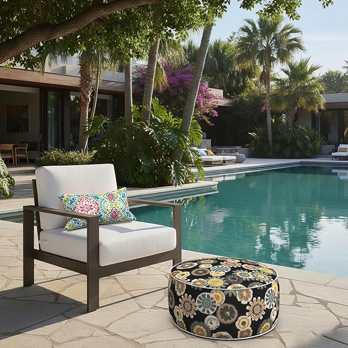 LVTXIII Indoor/Outdoor Inflatable Ottoman with Handle D21 x H9 Inch, Weather-Resistant Round Footstool Pouf for Patio Camping Living Room, Portable Footrest Extra Seating, Black Yellow Crosby