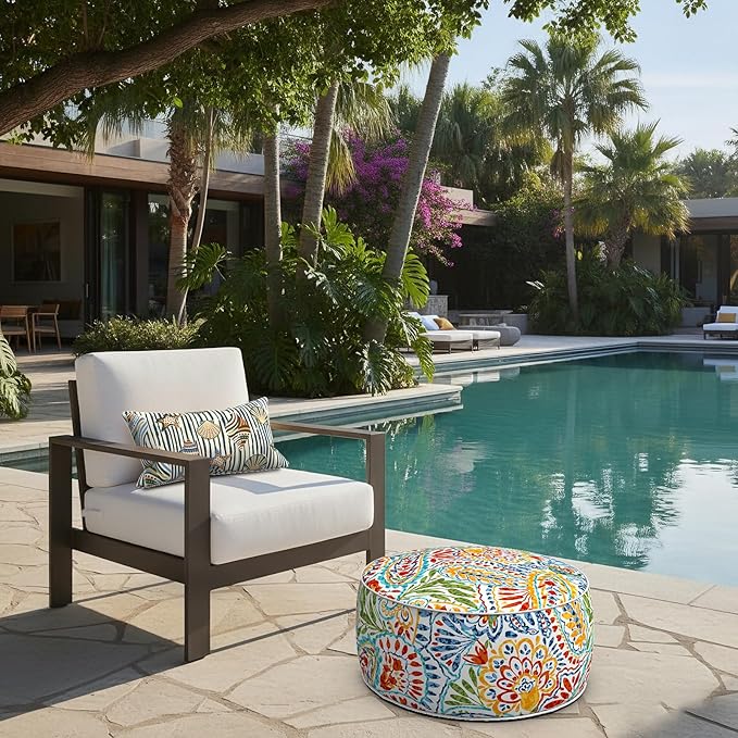 LVTXIII Indoor/Outdoor Inflatable Ottoman with Handle D21 x H9 Inch, Weather-Resistant Round Footstool Pouf for Patio Camping Living Room, Portable Footrest Extra Seating, Paisley Ummi Multi