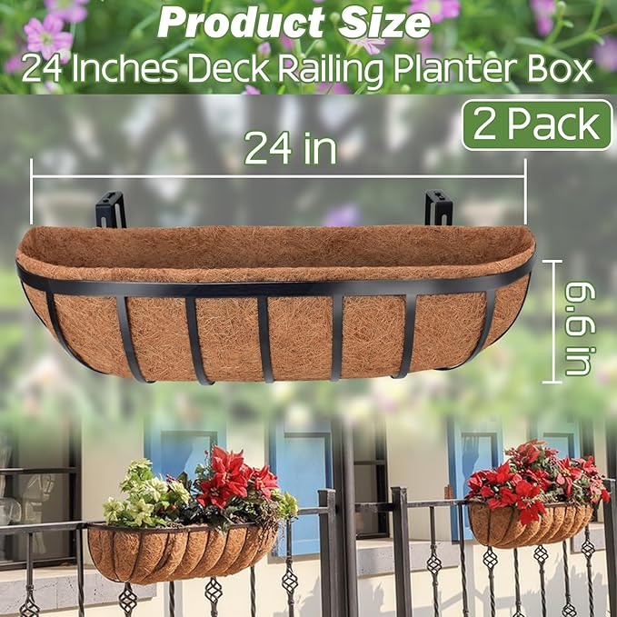 ZeeDix 24 Inch Railing Planter Box, 2 Pack Metal Window Boxes with Coco Liners for Railing, Hanging Flower Boxes for Deck Porch Balcony & Fence Outdoor Indoor Lawn