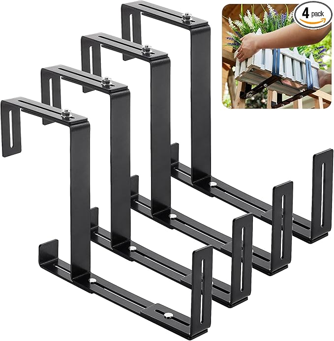 4 Pack Window Box Brackets, No Drill Adjustable Planter Box Brackets, Heavy Duty Deck Railing Planter Holders, Black Metal Flower Pot Hangers for Outdoor Gardens Balconies