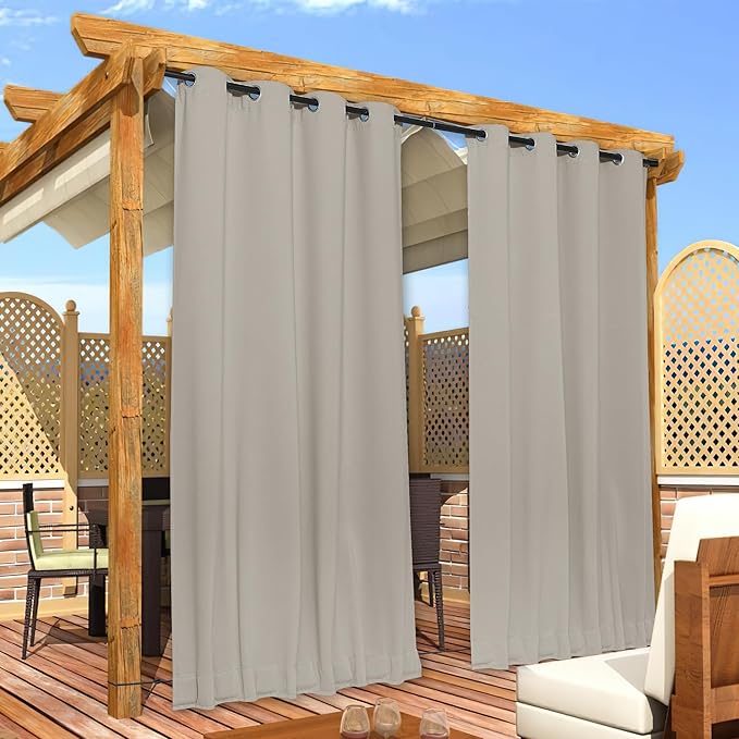 NICETOWN 2 Panels Fixed Outdoor Curtains for Patio Waterproof, Top & Bottom Grommet & Back Tab Windproof Drapes Thermal Insulated Blackout Outdoor Blinds for Porch/Gazebo, W52 x L84, Natural