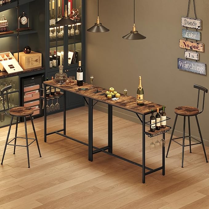 Bar Table, 35.4-Inch Counter Height Pub Table with Charging Station, Rectangular Dining Table with Wine Rack and Glass Holder, High Top Cocktail Tables, for Kitchen (Only Table)