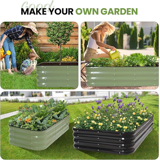 2Pcs 3-in-1 Adjustable Raised Garden Bed Kit | Galvanized Planter Boxes for Vegetables, Flowers | 12" Tall, Multiple Sizes (4x2x1ft, 3x3x1ft, 5x1x1ft) | Outdoor Metal Raised Bed for Gardening, , Green