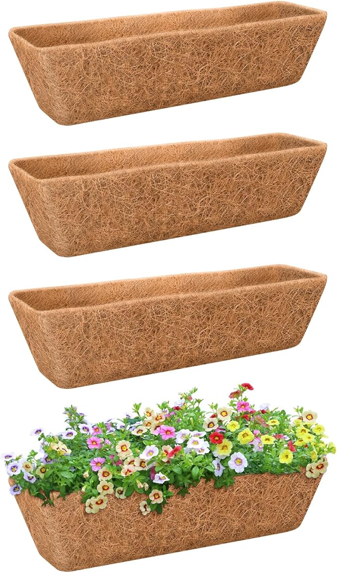 Riare 4 Pack 24 Inch Rectangle Coconut Liners for Planters, Natural Coconut Fiber Planter Liners, Window Box Liner Trough Coco Liner for Outdoor Flower, Garden Wall, Deck & Fence Planter Boxes