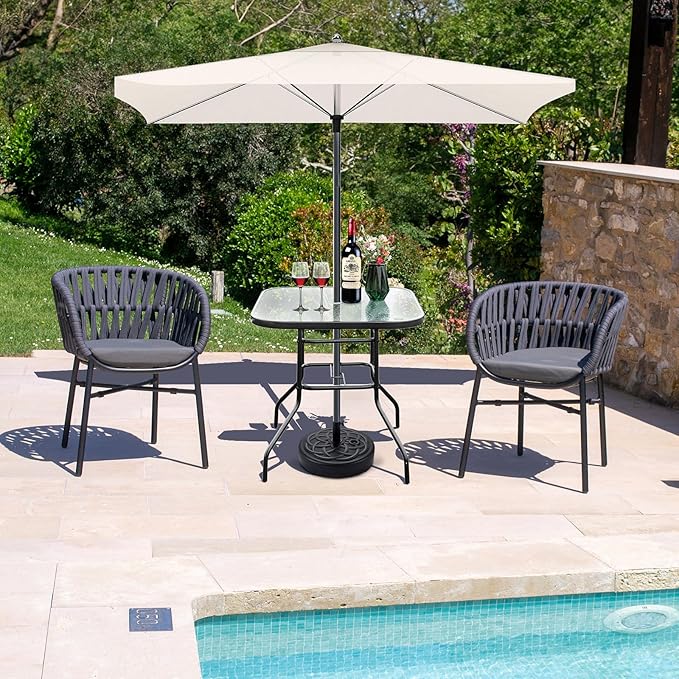 VINGLI Glass Patio Table with Umbrella Hole, 32" Square Outdoor Dining Table Steel Tempered Glass Patio Tables Outdoor Tables for Balcony Garden Deck