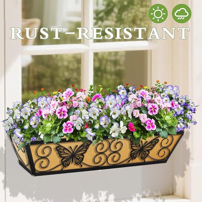2 Pack 24 Inch Window Boxes Planters Railing Planter Box with Adjustable Brackets for Porch Fence Patio Balcony Hanging Flower Baskets with Woven Fabric for Outdoor Garden Decor - Black
