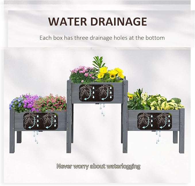 Outsunny Raised Garden Bed with 3 Planter Box, Elevated Wooden Plant Stand with Drainage Holes, for Vegetables, Herb and Flowers, Gray