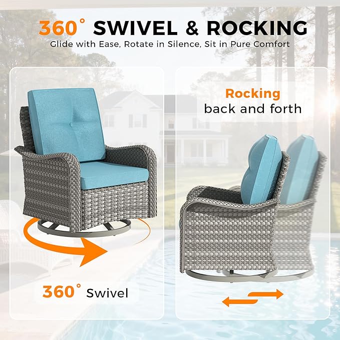 8-Seat Modern Patio Furniture Set with Swivel Rocking Chairs, Thick 4″ Cushions, Dual-Strand Wicker Rattan, Rust-Resistant Steel Frame – Outdoor Conversation & Modular Sectional,Blue