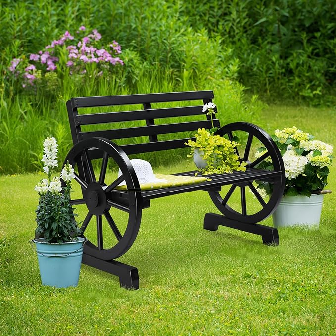 VINGLI Rustic Wooden Wheel Bench Outdoor Bench, Patio Bench Wagon Slatted Seat, Garden Benches for Outdoors 350lbs High Capacity, Weather Resistance (Black, 41in)
