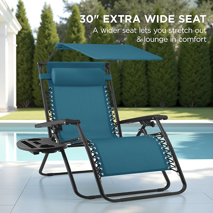 Best Choice Products 30” Wide Folding Zero Gravity Outdoor Recliner Patio Lounge Chair w/Adjustable Canopy Shade, Headrest, Side Accessory Tray - Peacock Blue