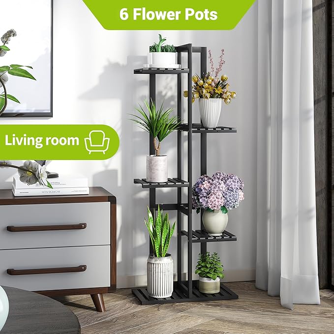 BMOSU Bamboo Plant Stand for Indoor Outdoor Plants Corner Tall Plant Shelf 6 Potted Holder Shelf Plant Rack Holder Display Rack(Black)