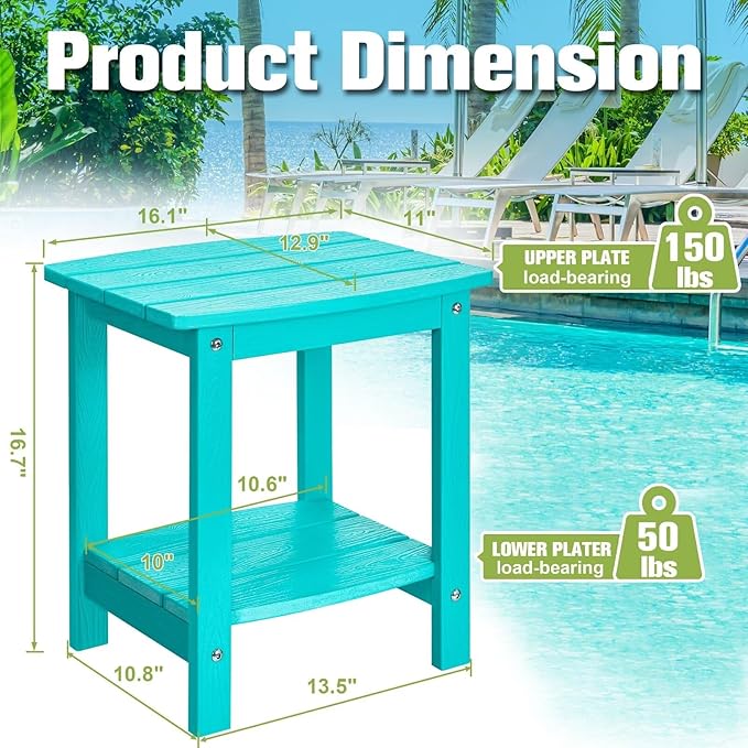 Y&M Outdoor Side Table, HIPS Adirondack Small Double Layer Table, Waterproof Square Balcony Modern End Tables for Patio, Pool, Beach, Porch, Deck, Indoor or Outdoor Use, Aruba Blue