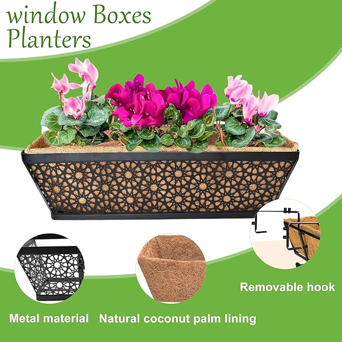 2 Pack 24" Railing Planter Window Box Deck Balcony Rail Planter Black Metal Flower Basket Horse Trough Planters with Coco Fiber Liner for Porch Fence Patio Outdoor