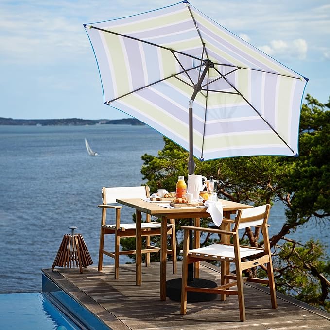 JEAREY 7.5FT Patio Umbrella Market Table Umbrella with 6 Sturdy Ribs, Push Button Tilt/Crank Outdoor Umbrella for Garden, Deck, Backyard, Pool and Beach,Bold Blue-Green Stripe