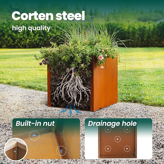 Corten Steel Planter Box Outdoor Planter Metal Square 20 Inch Large Steel Flower Pot Rustic Cube Patina Tall Plant for Commercial Residential Patio Yard Garden