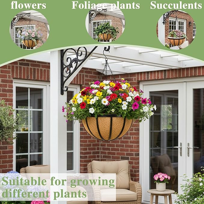 Black Flat Iron Metal Hanging Planter Basket with Coco Coir Liner(4 Pack, 16 Inch) Hanging Planters for Outdoor Plants Round Plant Flower Pots Hanging Flower Basket for Outdoor Patio Garden Decoration