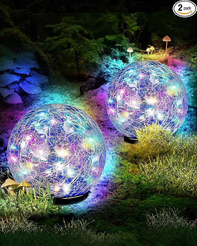 Coroor Garden Solar Ball Lights Outdoor Waterproof, 50 LED Cracked Glass Globe Solar Power Ground Lights for Path Yard Patio Lawn, Outdoor Decoration Landscape Colorful(2 Pack 4.7'')