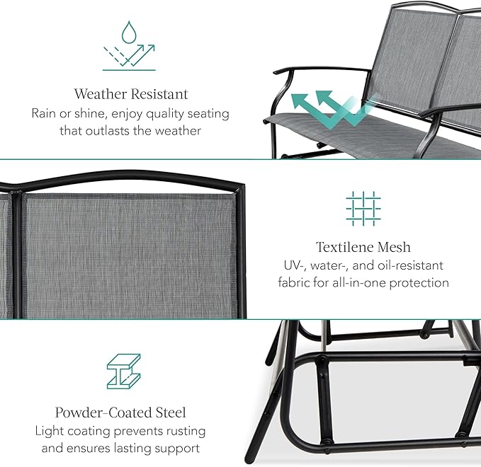 Best Choice Products 2-Person Outdoor Patio Swing Glider Steel Bench Loveseat Rocker for Deck, Porch w/Textilene Fabric, Steel Frame - Gray
