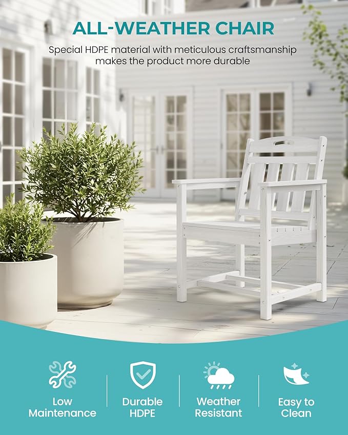 Outdoor Patio Dining Chair - All-Weather Fade-Resistant HDPE, Low Maintenance - for Garden, Backyard, Deck - White
