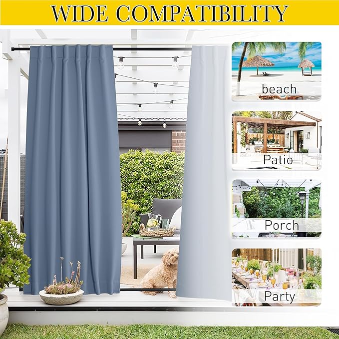 NICETOWN 2 Panels Outdoor Curtains Waterproof Pocket & Back Tab on Top & Bottom, Thermal Insulated Fixed Windproof Outdoor Drapes Privacy for Patio with Rope for Fixed, W52 x L84, Stone Blue