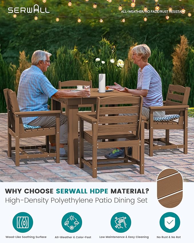SERWALL Outdoor Dining Set for 4, HDPE Square Table and Chairs Set All Weather Patio Dining Set with 4 Classic Dining Chairs, 5-Piece Patio Dining Furniture for Deck, Brown