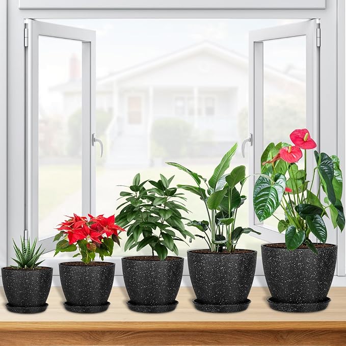 5 Pcs Plant pots, 7.5/6.5/5.7/4.9/4.1 inch Pots for Plants, Flower Pot Indoor Modern Decorative Plant Pot, Plant Pots Indoor with Drainage and Saucer for All House Plants (Drainage Set of 5 Black)
