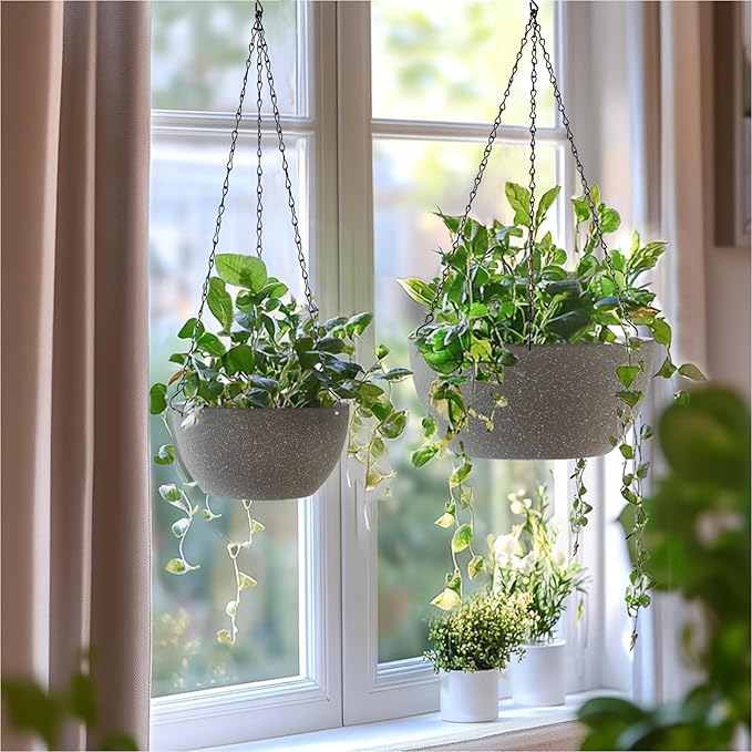 T4U 8 Inch Hanging Planters for Indoor Plants, 2 Pack Hanging Planter, Hanging Plant Pots with Drainage Holes and Chain, Hanging Basket Pots for Garden Home Porch Decor,Grey